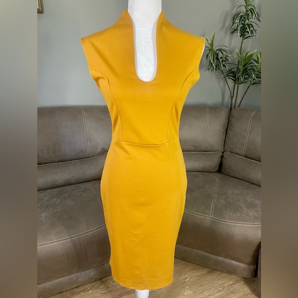 🔥SEXY WORKWEAR🔥NWT Rolla Coster Mustard Yellow Bodycon Midi Dress Sz L Large - Picture 4 of 9